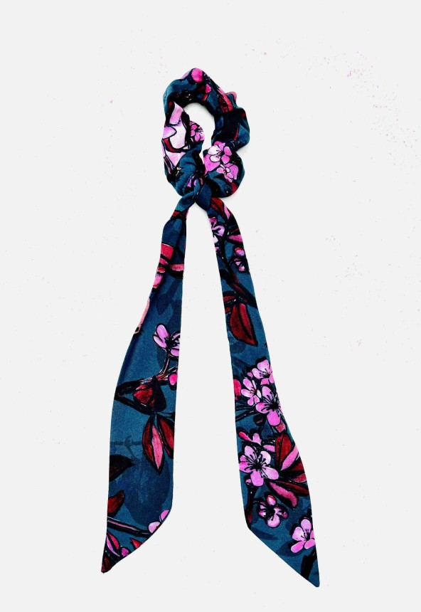 GUMKA do włosów / scrunchie z szarfą, turkusowy print SŁOWIKI (wiskoza) (chcesz w zestawie?: 1szt; wybierz PRINT: słowiki turkusowe)
