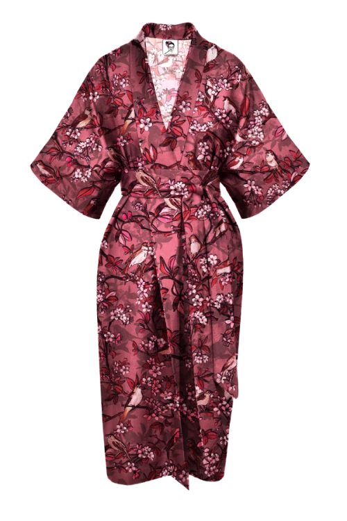 bordowe kimono z wiskozy kwiatowy wzór NAWROTANKA