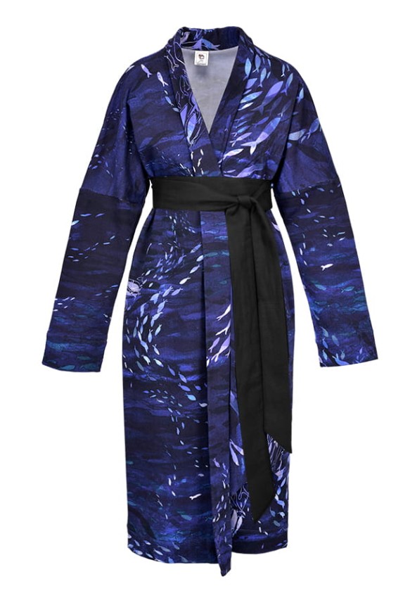 długa BLUZA/ ciepłe KIMONO / otulający SZLAFROK w autorski print granatowy OCEAN + rybki (90% bawełna) (ROZMIAR: większy L/XL)