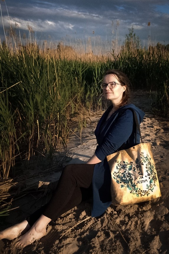 nawrotanka bawełniana szoperka duża torba beżowa z printem ja jestem.jpg