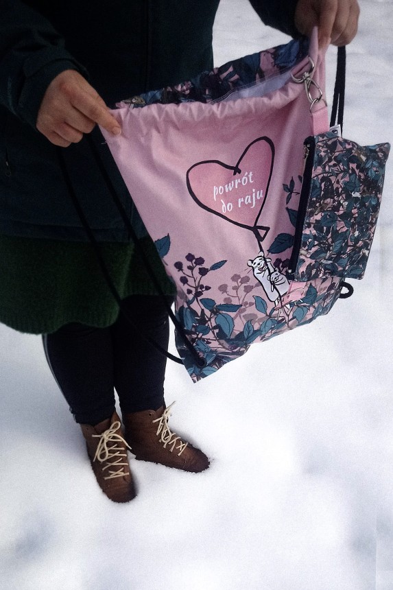 nawrotanka bawełniany plecak worek różowo turkusowy na zimowe spacery.jpg