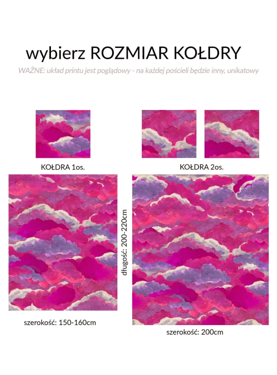 rozmiary poszewek bawełnianych kołdry pościel 1 i 2os  NAWROTANKA autorski print CHMURY różowe muminki recznie malowane niebo wzór abstarkcyjny sztuka malarstwo 1.jpg