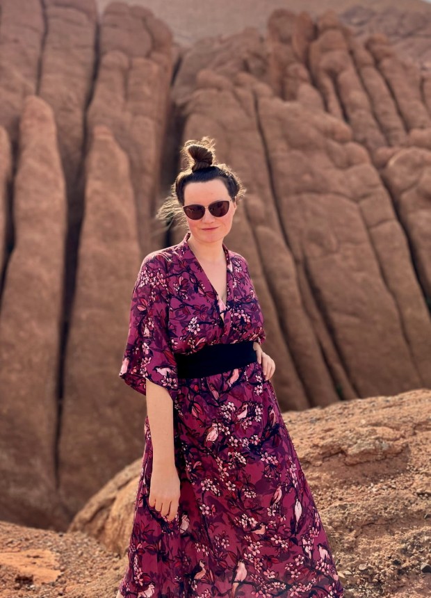 SUKIENKA kimonowa MIDI • wzór SŁOWIKI bordo • 100% wiskoza 