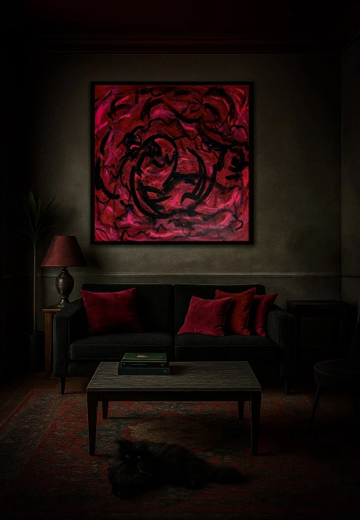 vintage salon perski dywan,antyczne meble, grafitowa sofa i dekoracyjna poduszki w czerwini z abtrakcyjnym malarstwem na ścianie (1).jpg