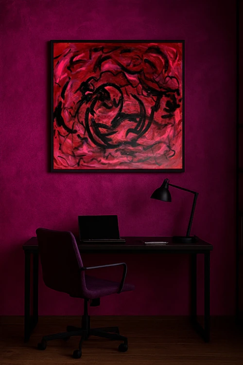 kolorowa ściana w domowymkąciku dopracy z abstrakcyjnym obrazem w czerwieni.jpg
