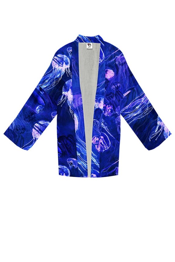 KIMONO premium MINI SUKIENKA kopertowa • wzór MEDUZY kobalt • 100% jedwabista WISKOZA (długość: MINI do pół uda ok85cm)