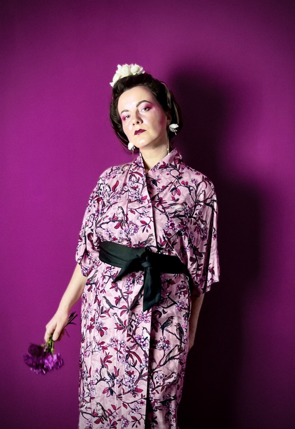 KIMONO klasyczne MIDI • wzór SŁOWIKI różowe • 100% wiskoza