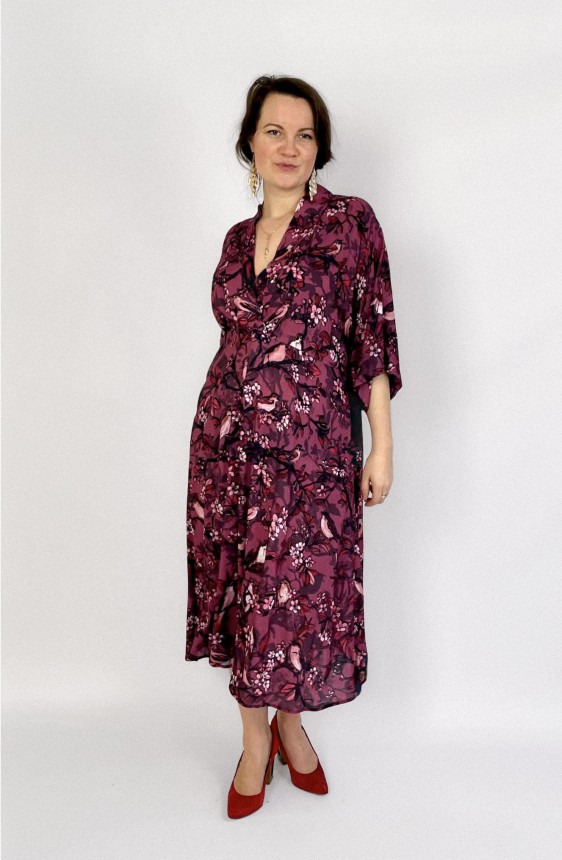 KIMONO klasyczne MIDI • wzór SŁOWIKI bordo • 100% wiskoza