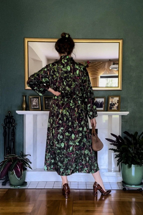 KIMONO premium MAXI SUKIENKA kopertowa • wzór MALINY zielone • 100% jedwabista WISKOZA 