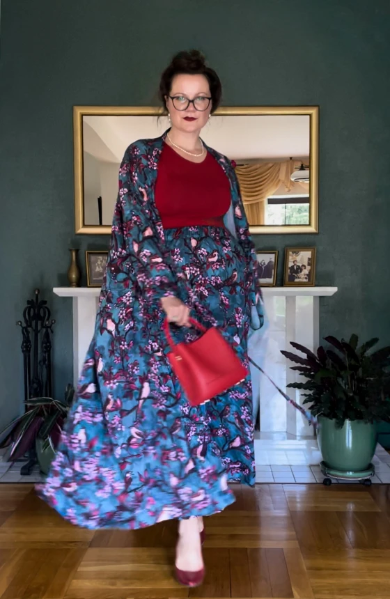 kimono maxi premium turkusowy wzór w kwiaty i ptaki SŁOWIKI nawrotanka kolorowy płaszcz na lato do kwiatowych spodni i tshirtu.jpg