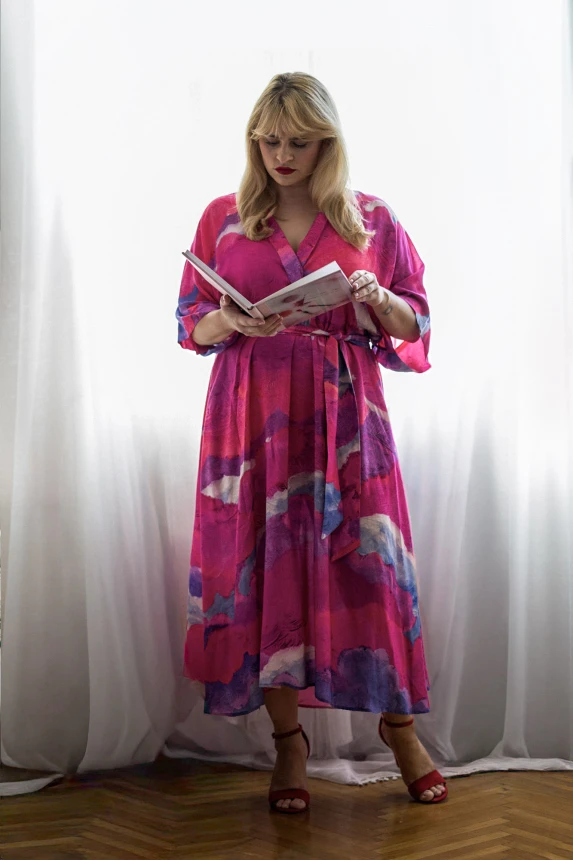 KIMONO premium MAXI SUKIENKA kopertowa • wzór CHMURY różowe • 100% jedwabista WISKOZA 