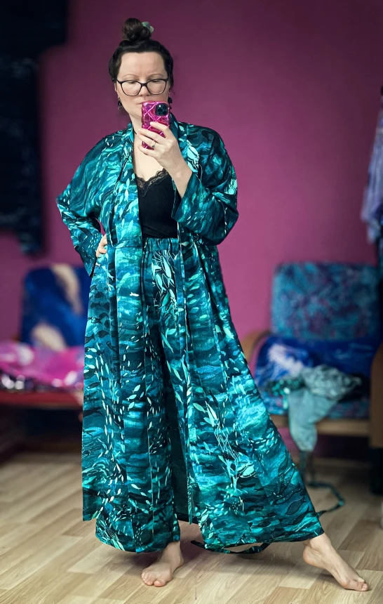 KOMPLET morski SPODNIE + KIMONO • turkusowy OCEAN • 100% wiskoza premium