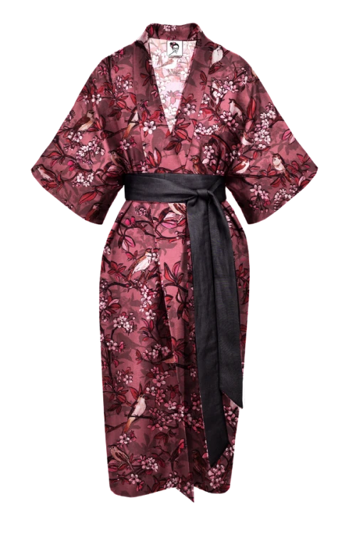 bordowe kimono z wiskozy z czarnym paskiem NAWROTANKA