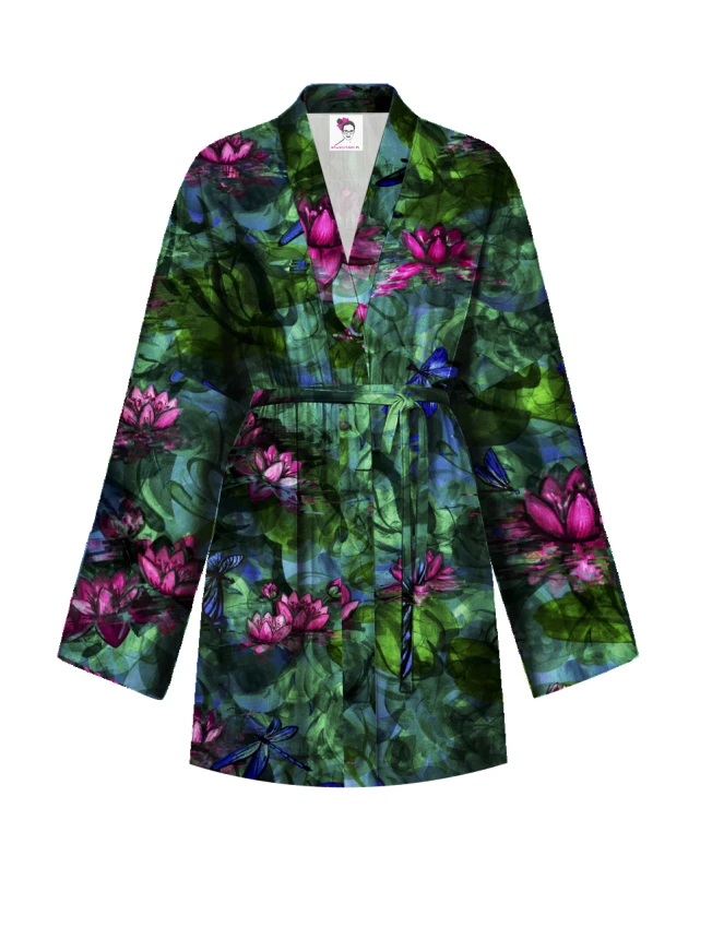 KIMONO premium MINI SUKIENKA kopertowa • wzór NENUFARY • 100% jedwabista WISKOZA