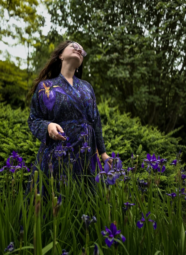 KIMONO premium MAXI SUKIENKA kopertowa • wzór IRYSY gwiaździste • 100% jedwabista WISKOZA