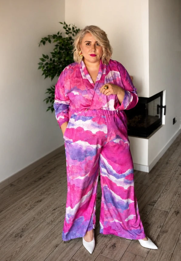 KOMPLET SPODNIE i KIMONO premium • różowe CHMURY • 100% jedwabista WISKOZA