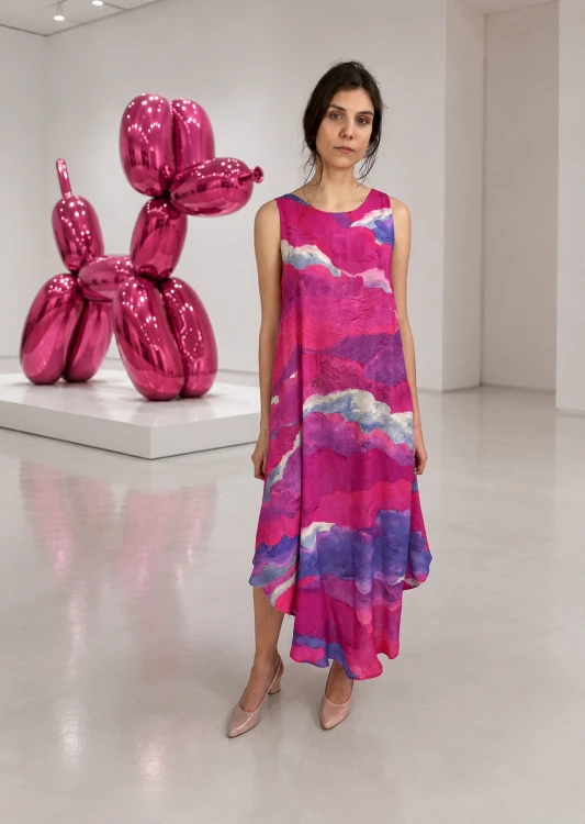 kolorowa sukienka od nawrotanki w muzeum metropolitan art galery nowy jork przy rzezba ballon dog.png