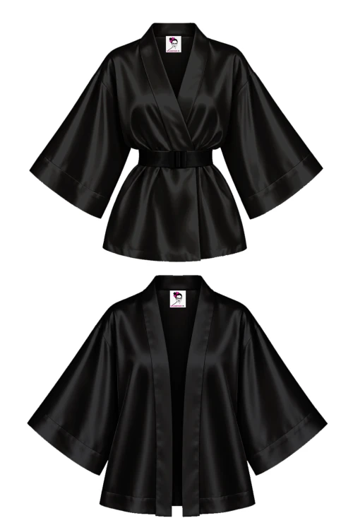 KIMONO krótkie CZARNE z wiskozy satynowej z paskiem i na luzie.png